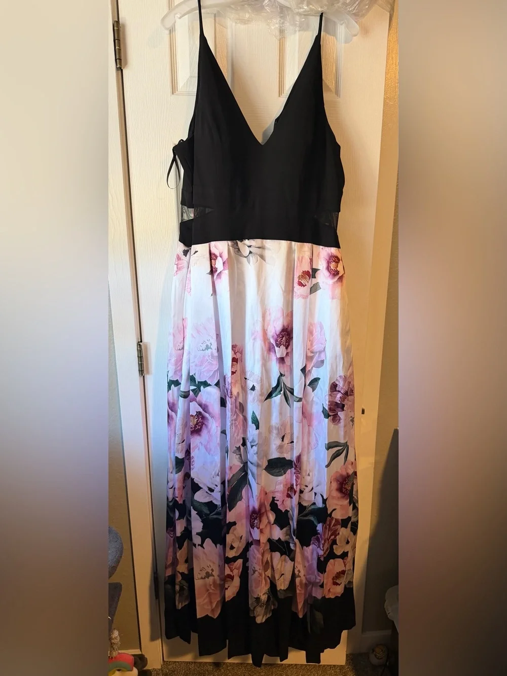 David’s Bridal Floral A-Line Maxi Skirt in White and Pink with a black v-neck